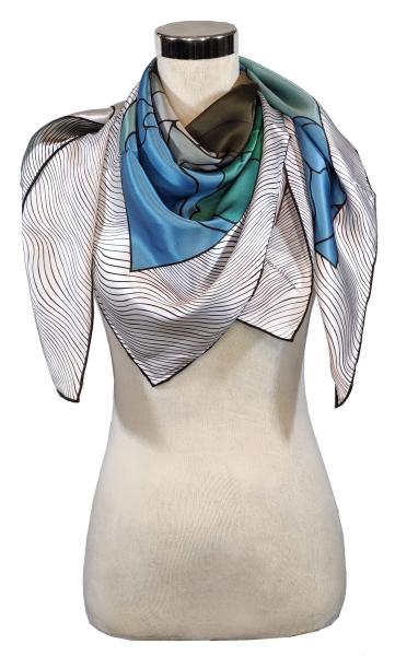 Foulard Shawl Silk Satin 110X110 Horse Blue Green White Black